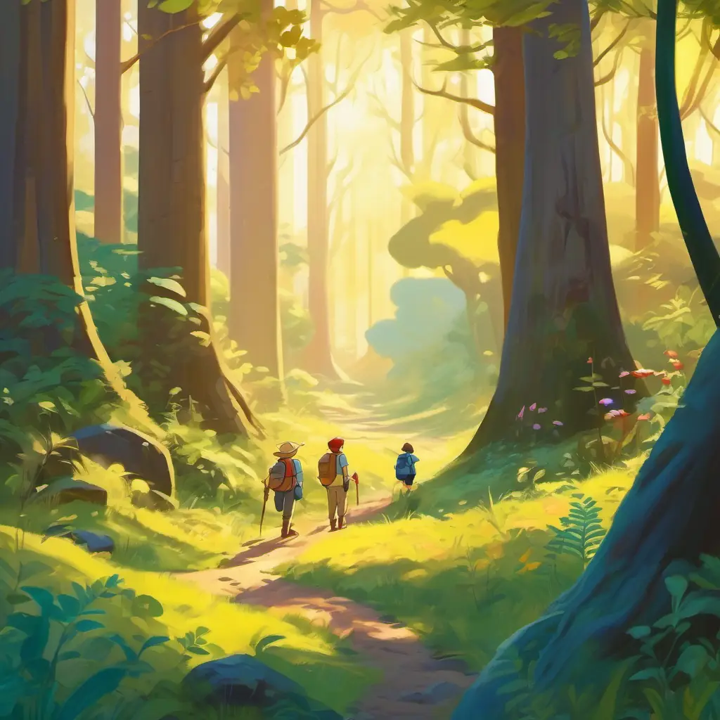 The characters gather in the forest on a sunny morning, getting ready for their adventure.