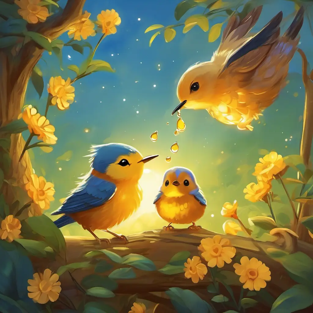 The friends share their honey with the baby birds, spreading joy and kindness.