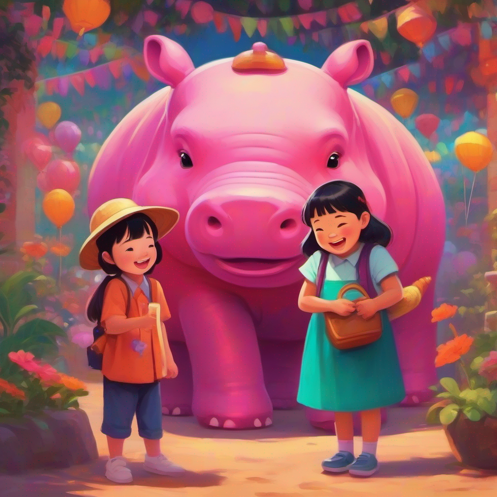 Vietnamese girl who loves making new friends, colorful clothes and a pink hippo share jokes with friends