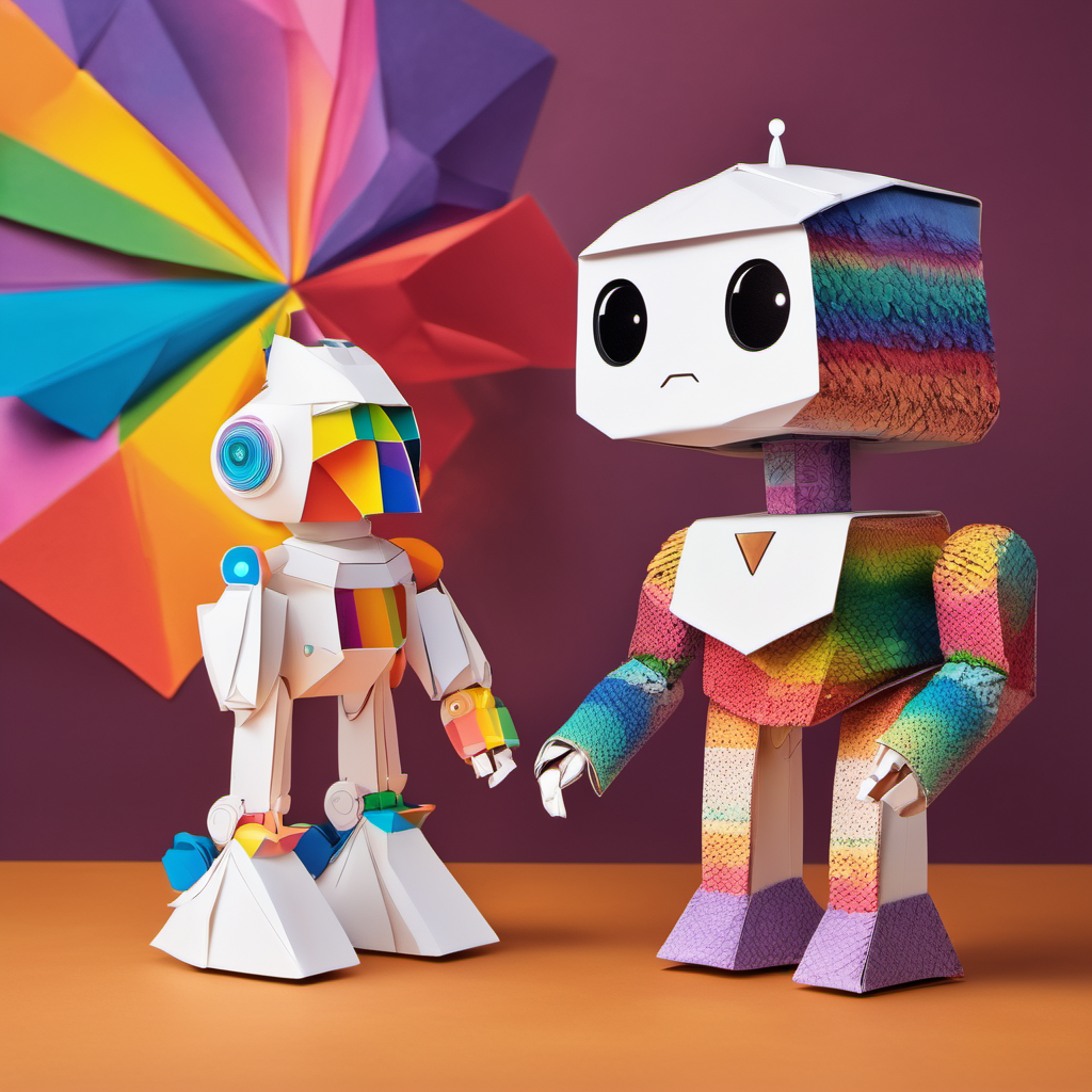 Coco and A cheerful AI robot with a rainbow-colored body's dream of inclusivity and empathy