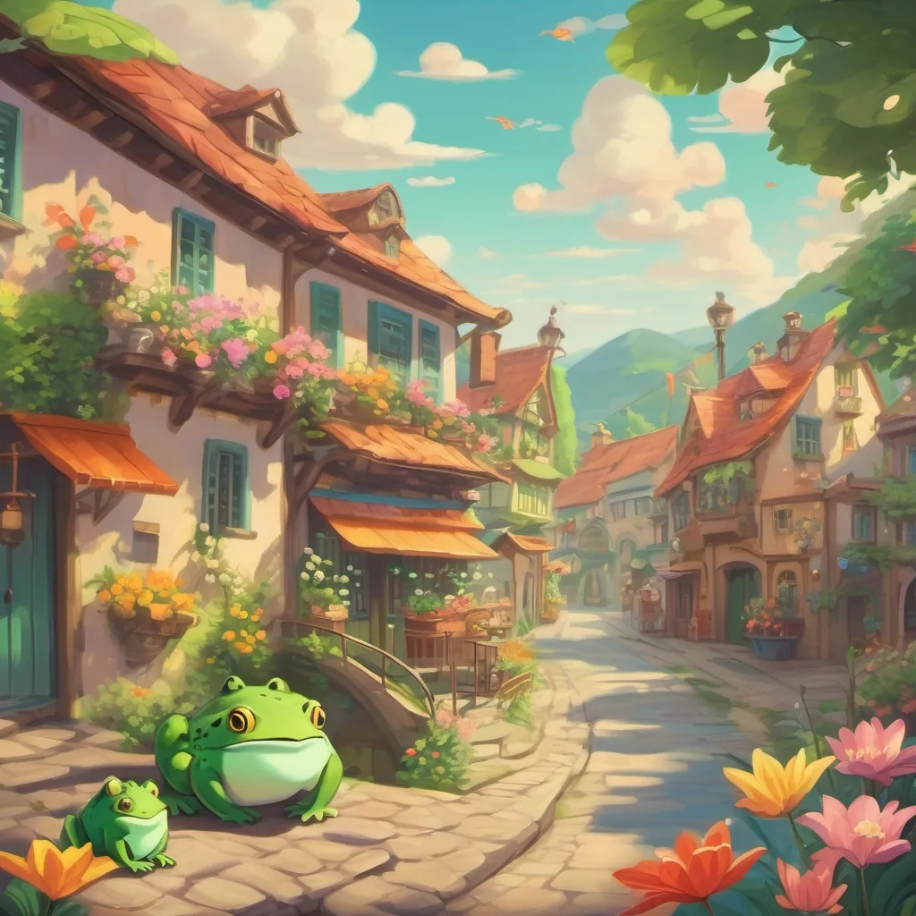 A whimsical, colorful small town with singing lilies and cheerful frogs wearing hats, under a sunny sky.