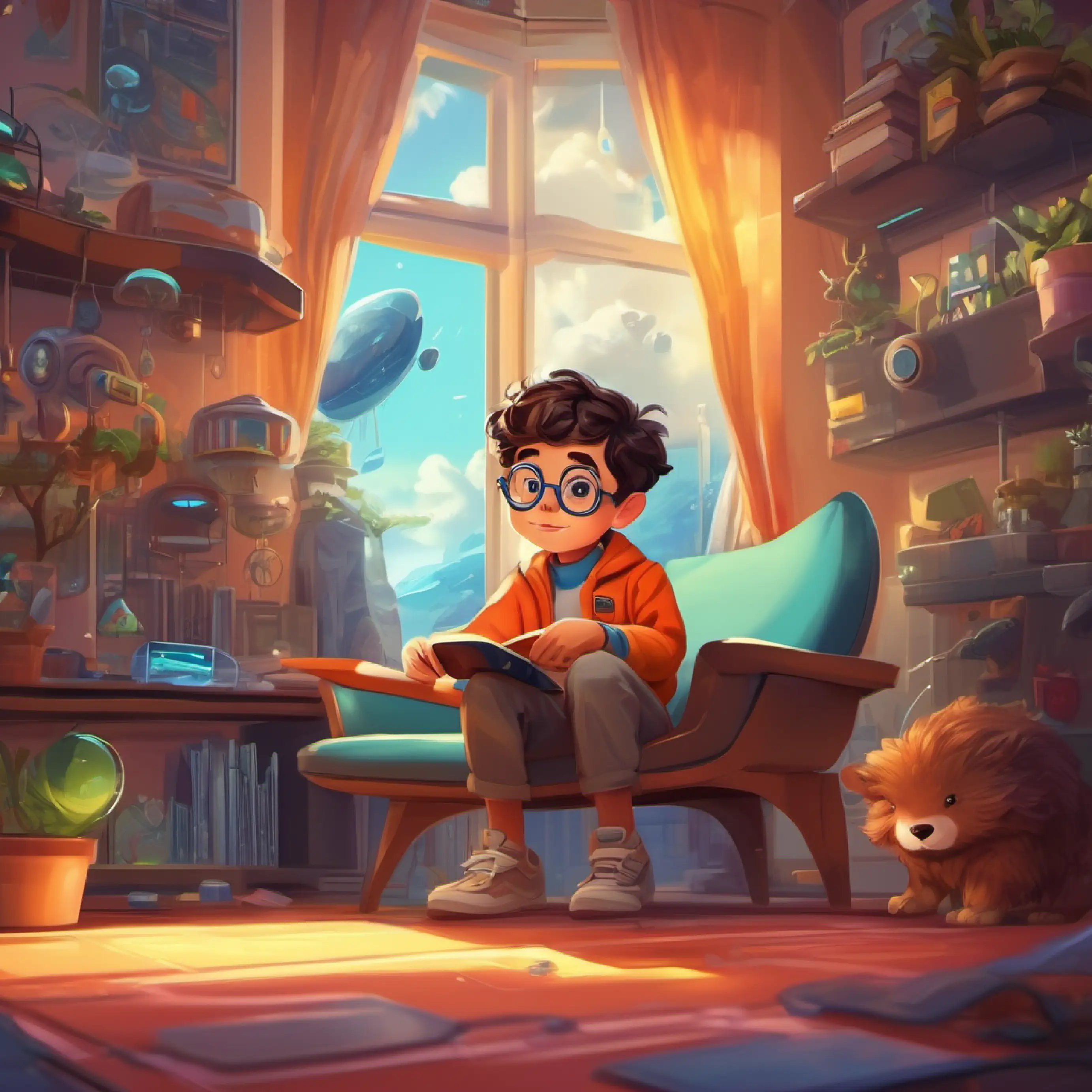 Introduction to A smart, curious boy with big glasses and a wild imagination in his futuristic home, full of technology.