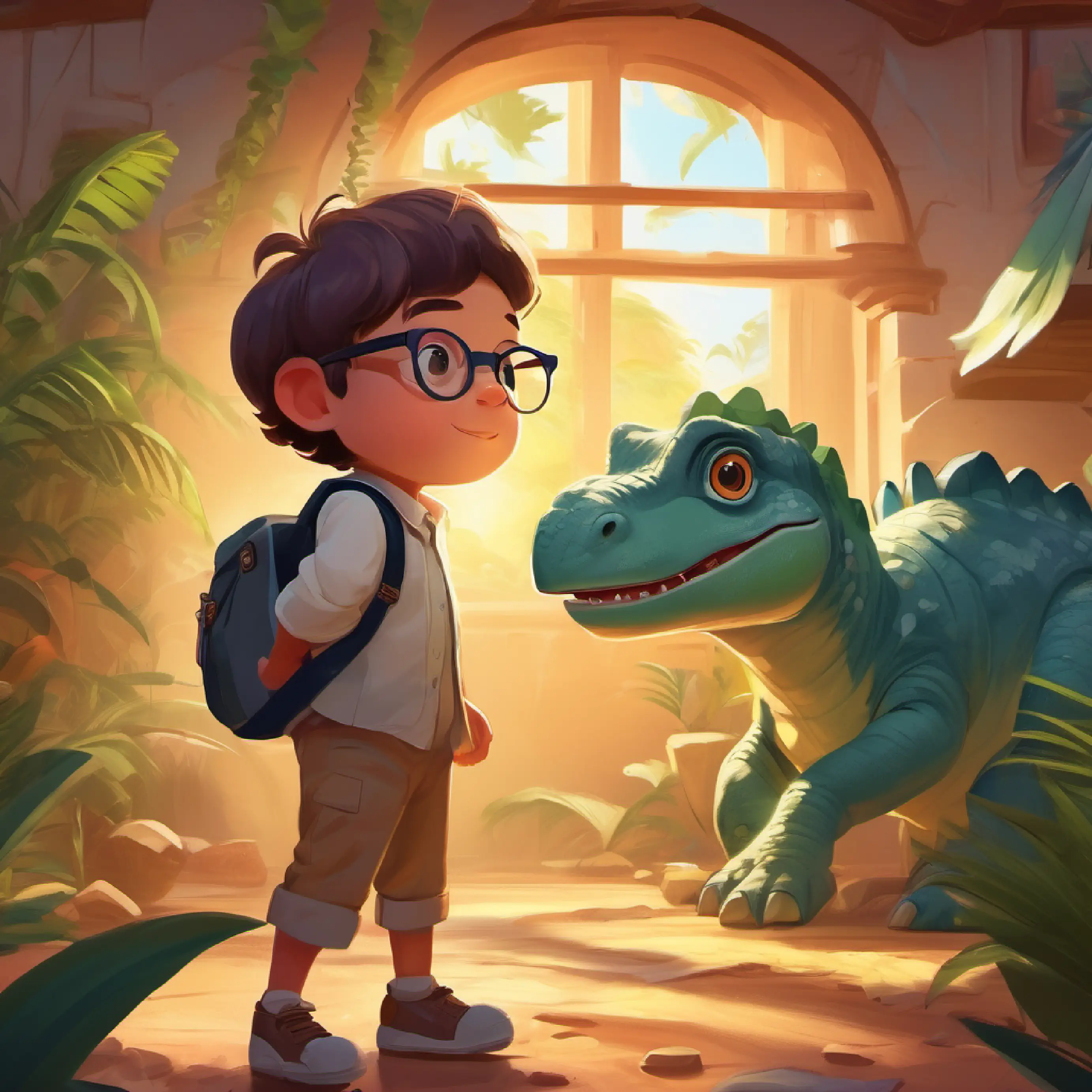 A smart, curious boy with big glasses and a wild imagination's first time travel to the era of dinosaurs.