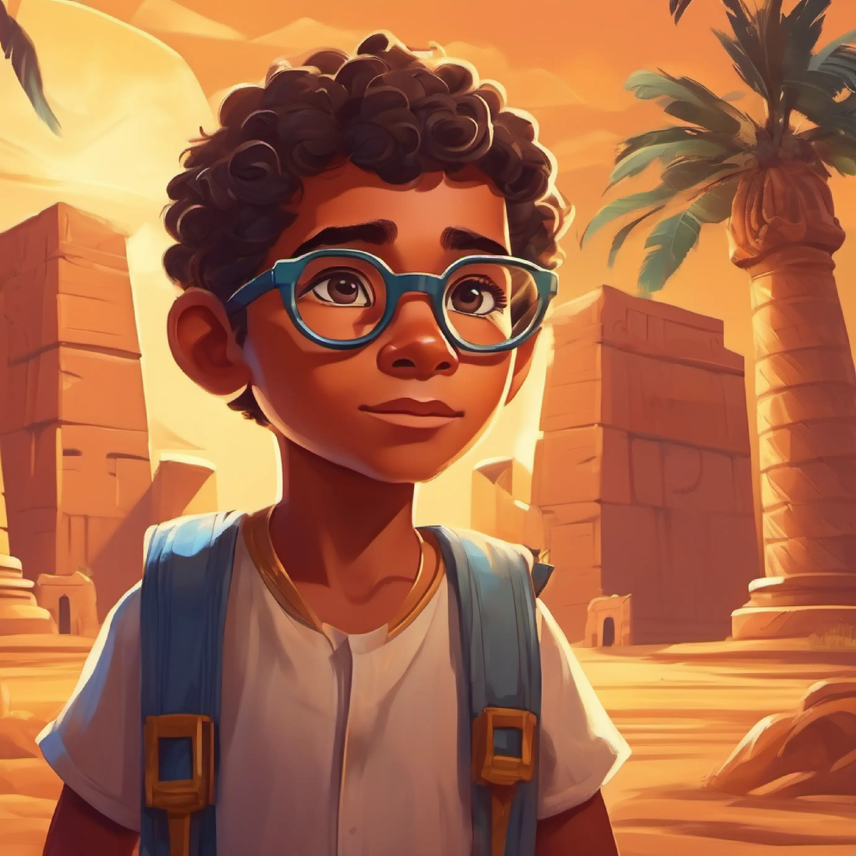 A smart, curious boy with big glasses and a wild imagination's adventure in ancient Egypt with a kid pharaoh.