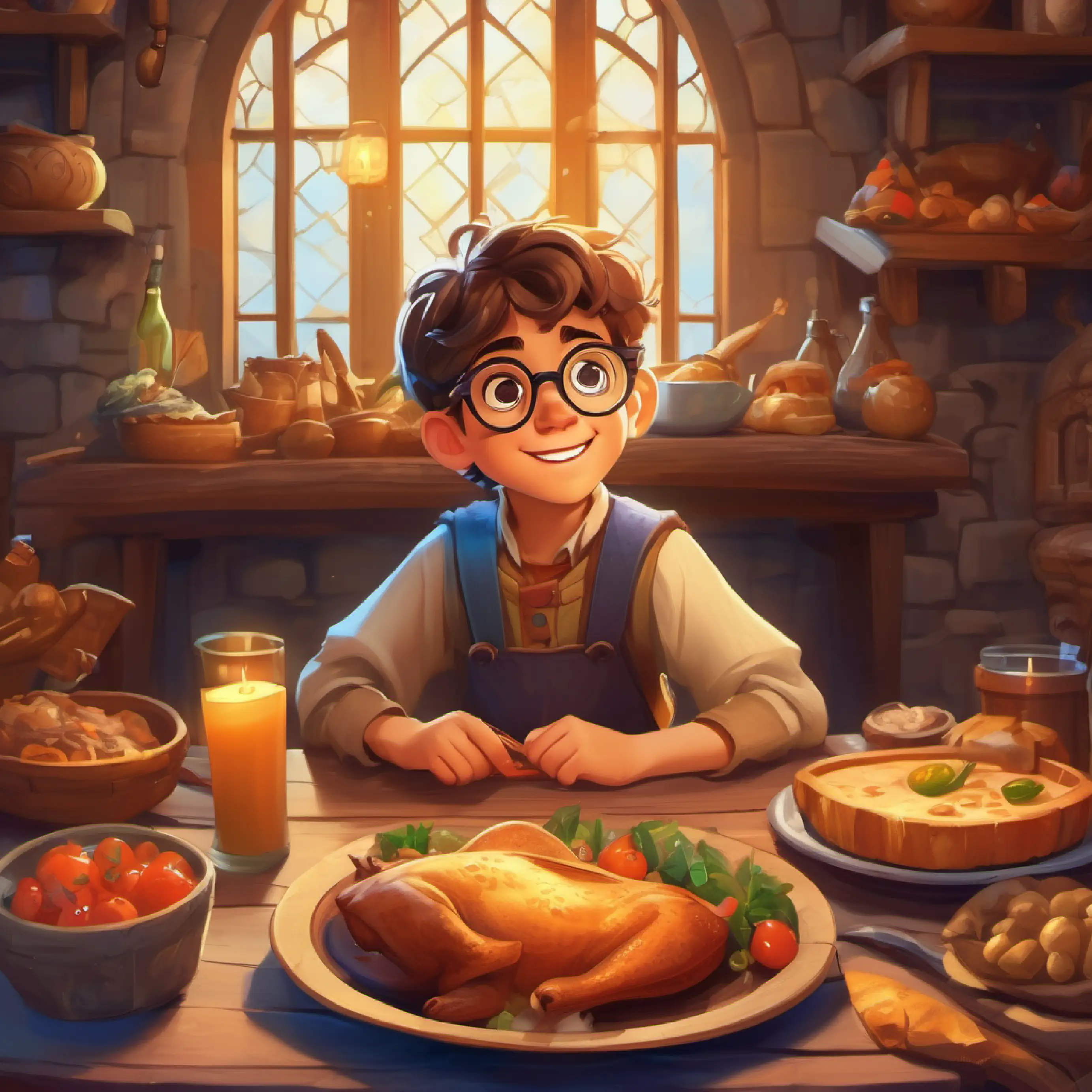 A smart, curious boy with big glasses and a wild imagination enjoys a funny medieval feast and learns about friendship.