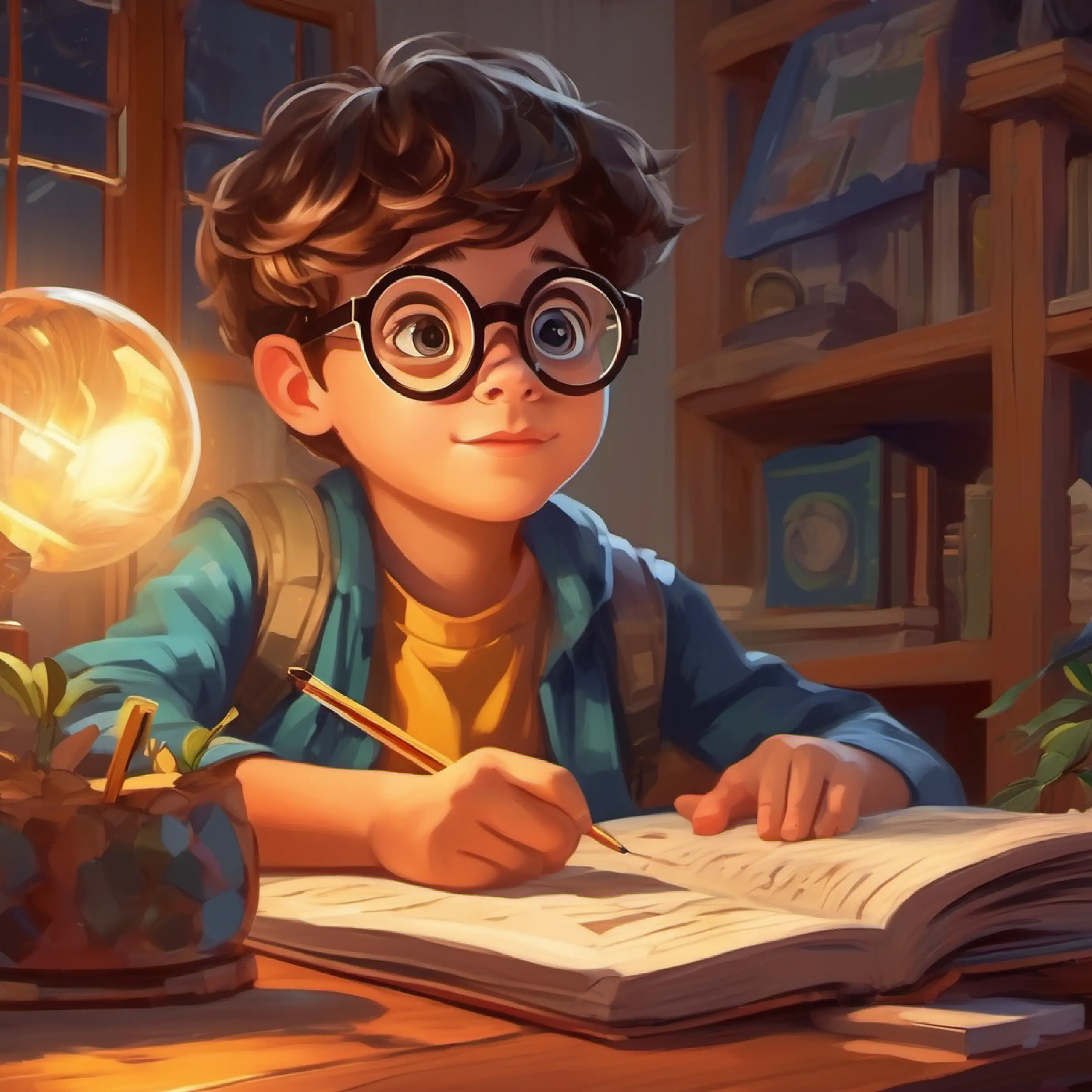 A smart, curious boy with big glasses and a wild imagination reflects on his lessons and gets ready for more adventures.