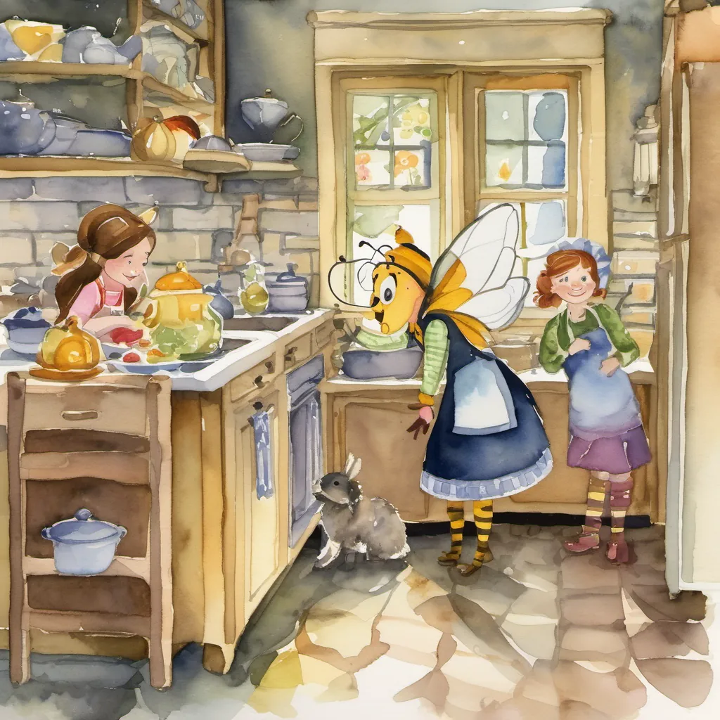 Mrs. Bee winking at Bella, who is looking curious and excited, in their enchanted kitchen.