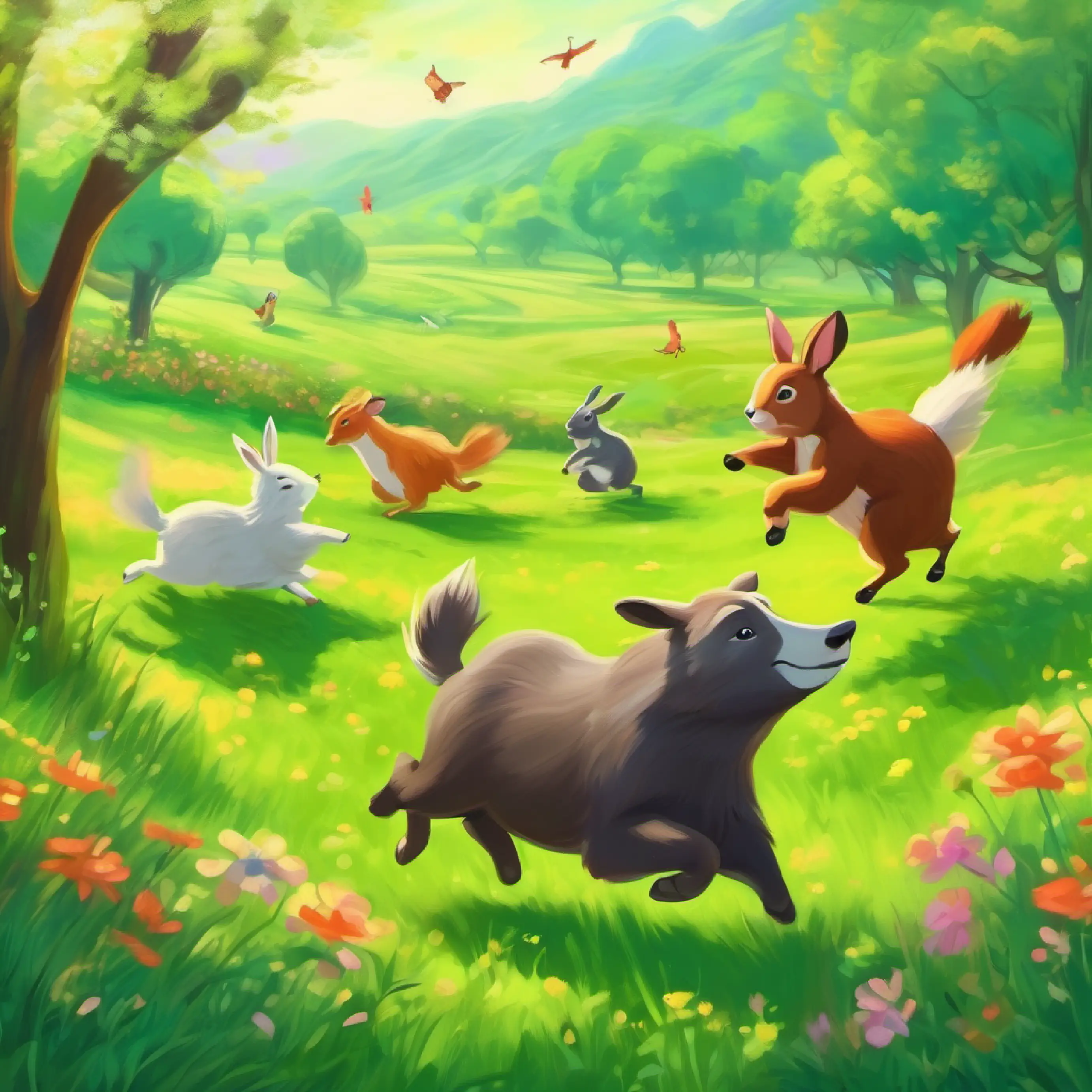 Animals dancing in spring, green meadow