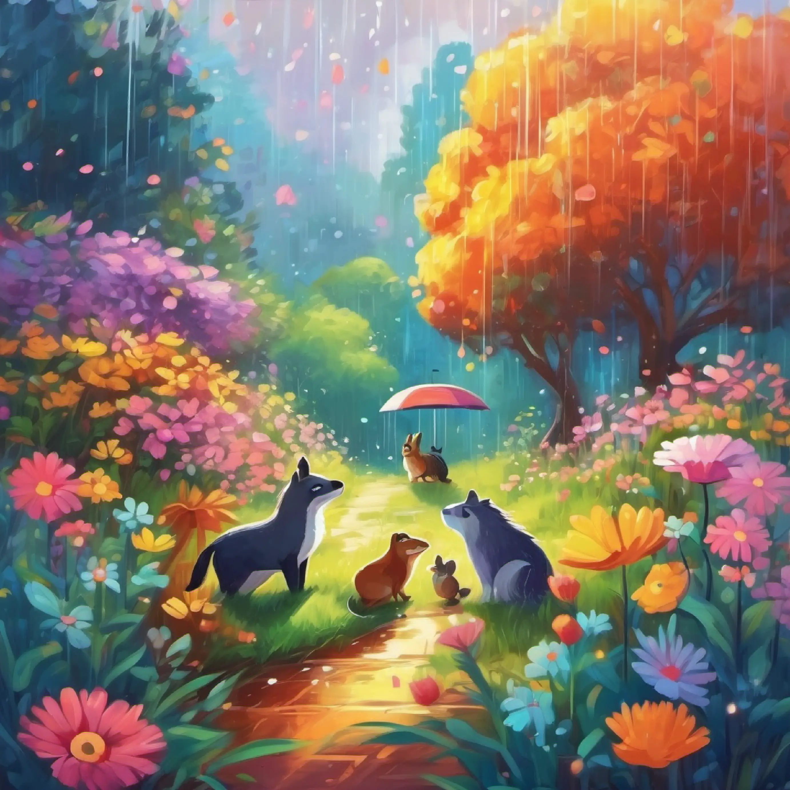 Animals exploring colorful flowers in the rain