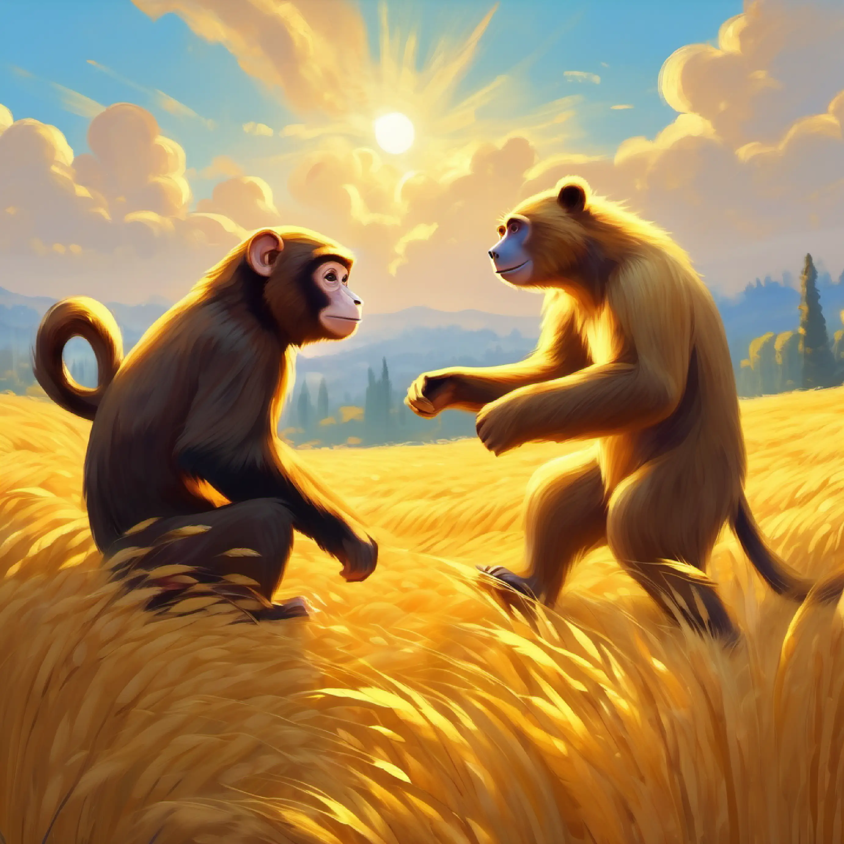 Monkey and bear playing in golden wheat fields