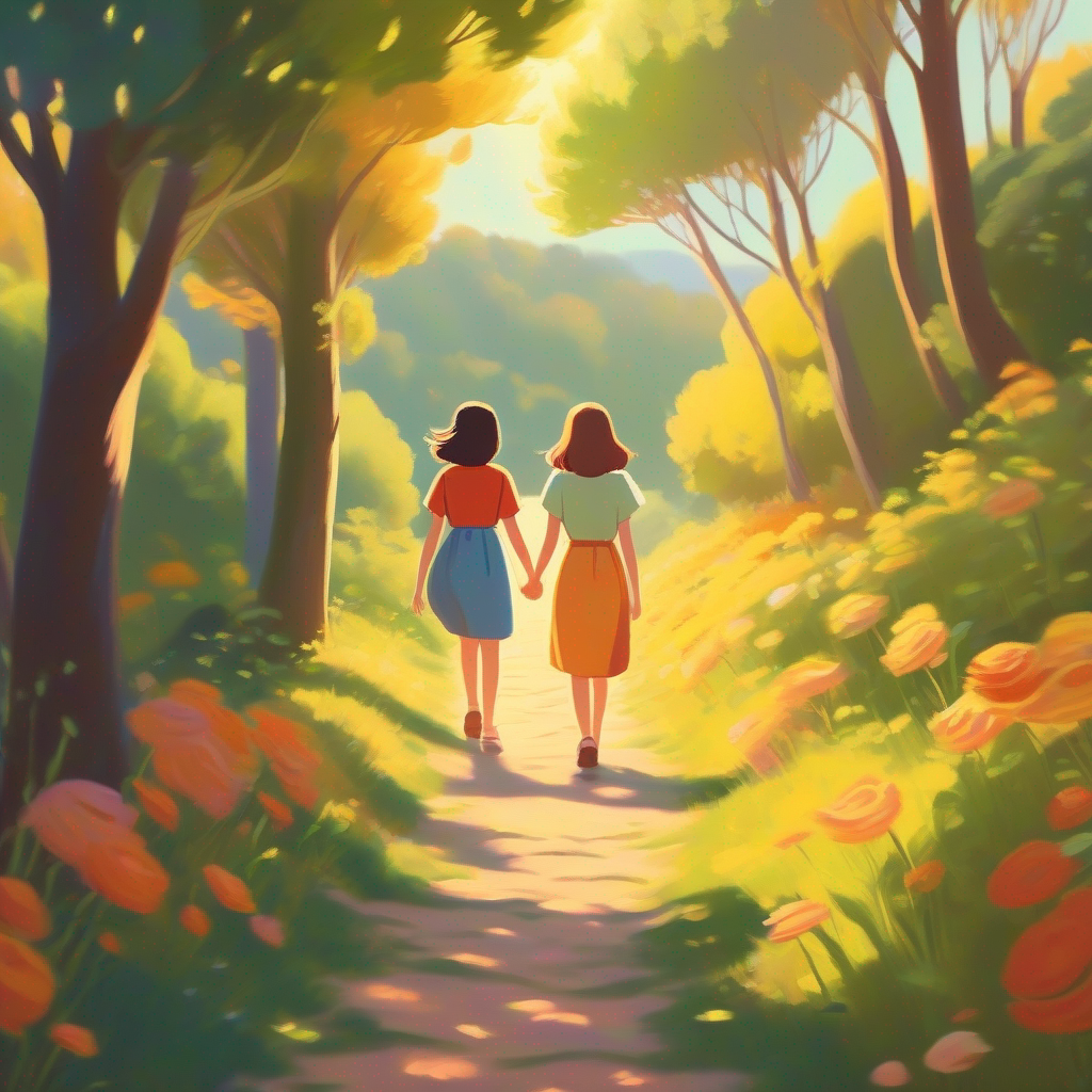 Two sisters holding hands, walking down a sunny path.