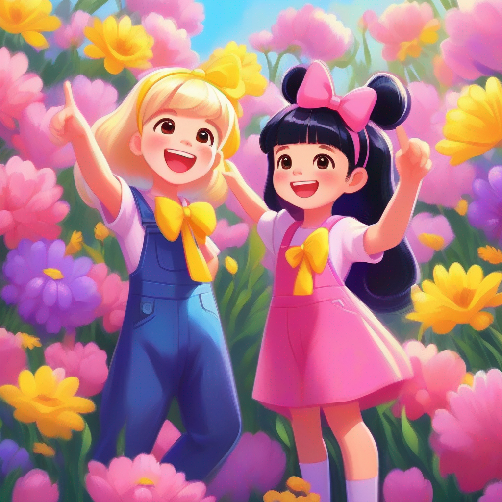 Blonde hair, pink dress, and a purple bow and Black hair, blue overalls, and yellow sandals pointing at colorful flowers with big smiles.