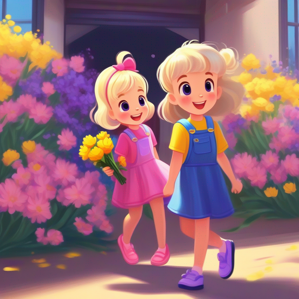 Blonde hair, pink dress, and a purple bow and Black hair, blue overalls, and yellow sandals holding a bouquet of colorful flowers with excitement.