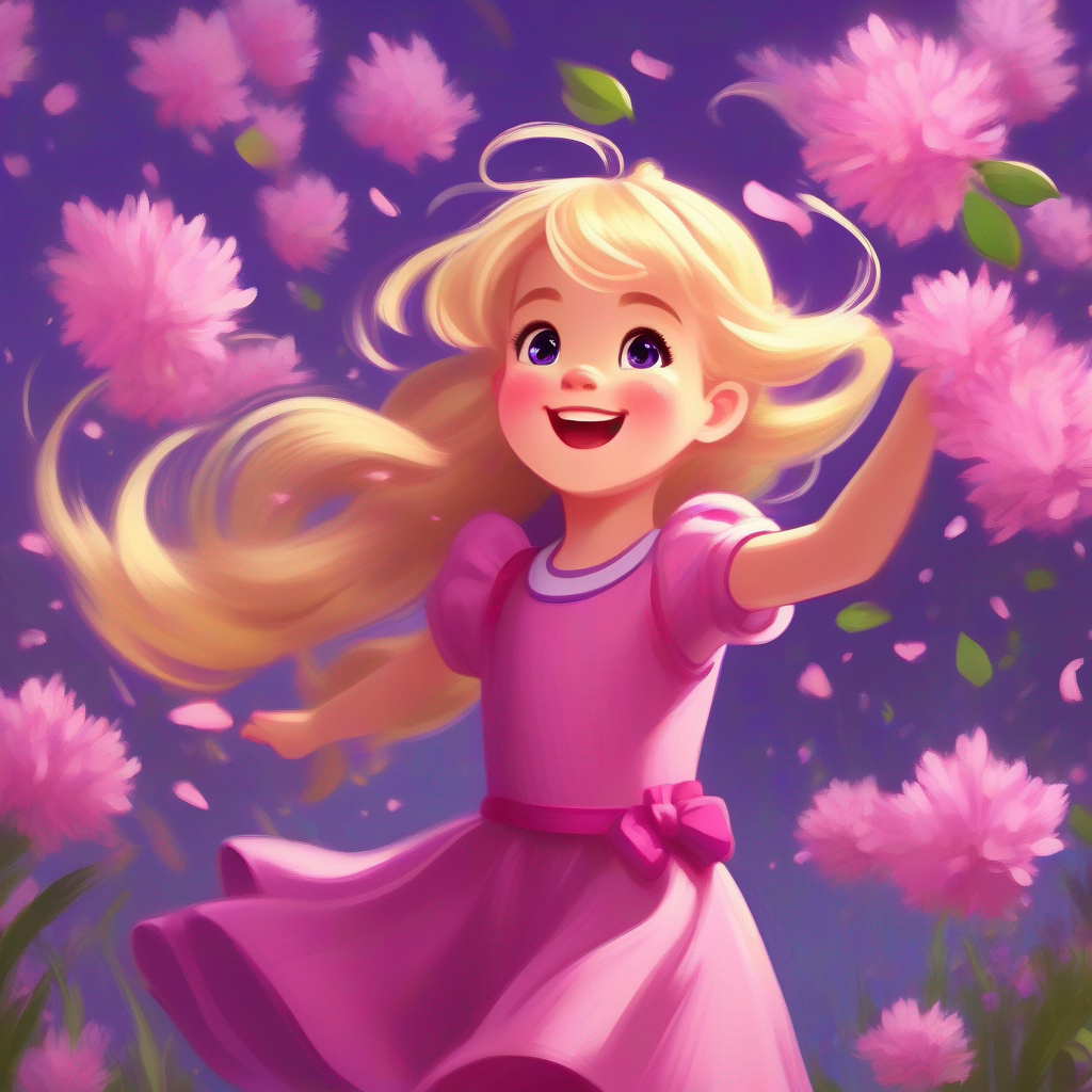 Blonde hair, pink dress, and a purple bow with a mischievous grin as she suggests throwing flowers in the air.