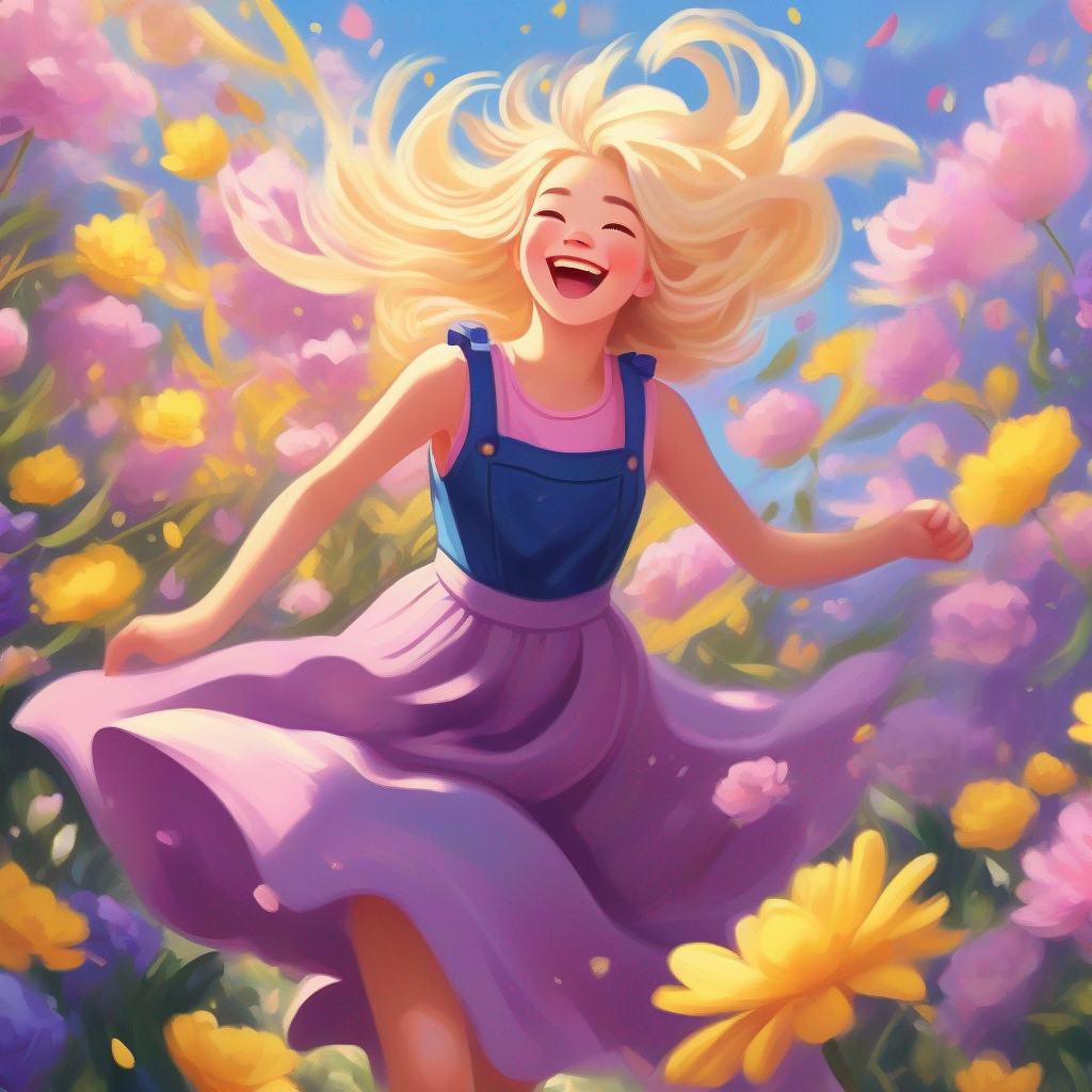 Flowers swirling in the air while Blonde hair, pink dress, and a purple bow and Black hair, blue overalls, and yellow sandals laugh joyfully.