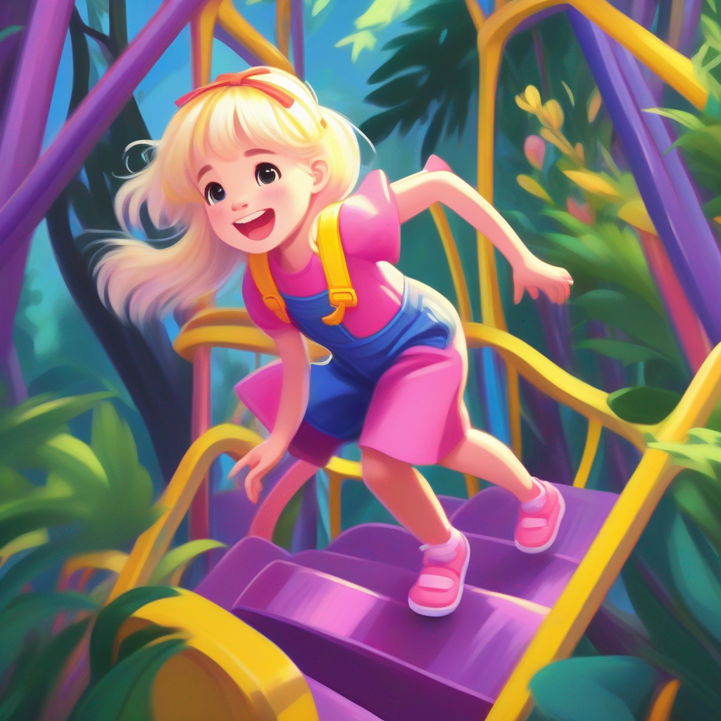 Blonde hair, pink dress, and a purple bow and Black hair, blue overalls, and yellow sandals looking at a colorful jungle gym with excitement.