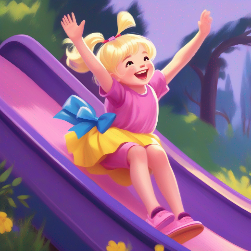 Blonde hair, pink dress, and a purple bow and Black hair, blue overalls, and yellow sandals sliding down a slide, arms in the air, with big smiles.