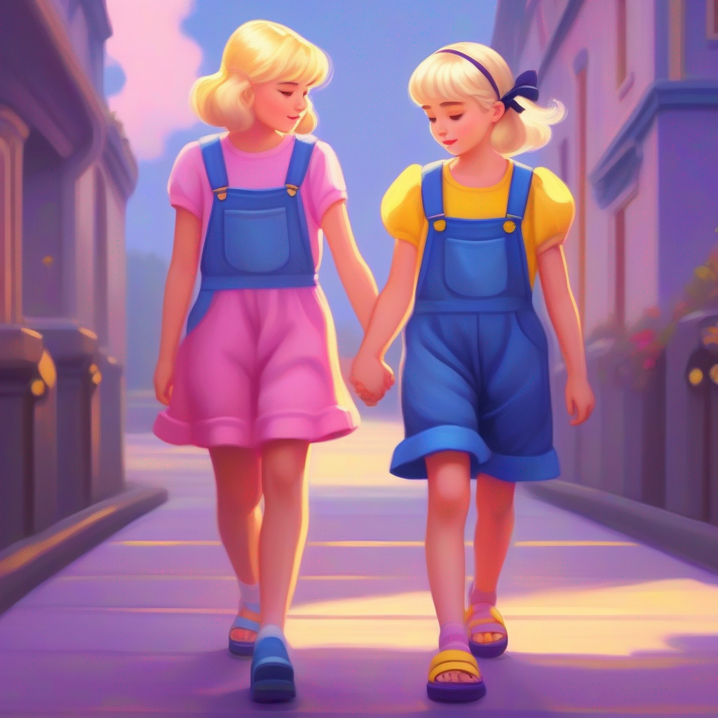 Blonde hair, pink dress, and a purple bow and Black hair, blue overalls, and yellow sandals holding hands, looking content but tired.