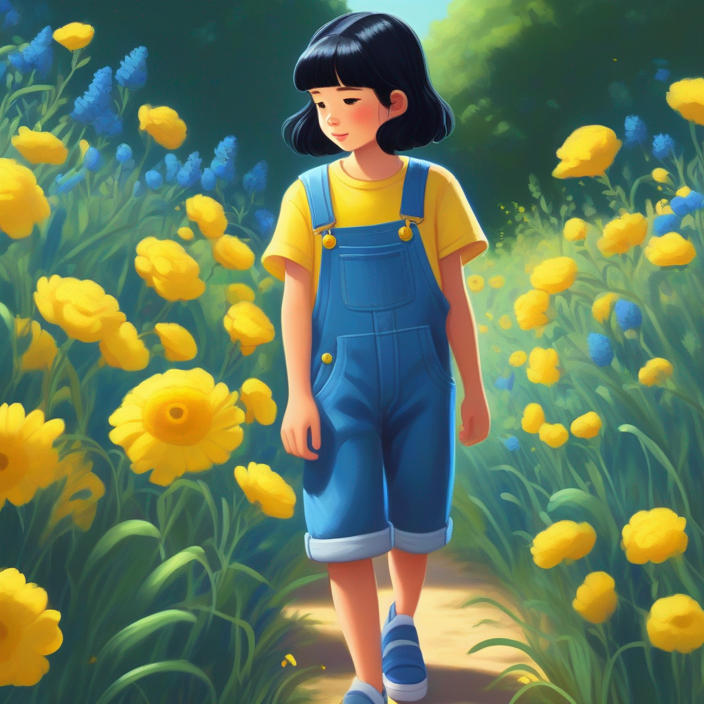 Black hair, blue overalls, and yellow sandals with a thoughtful look, suggesting picking flowers for their parents.