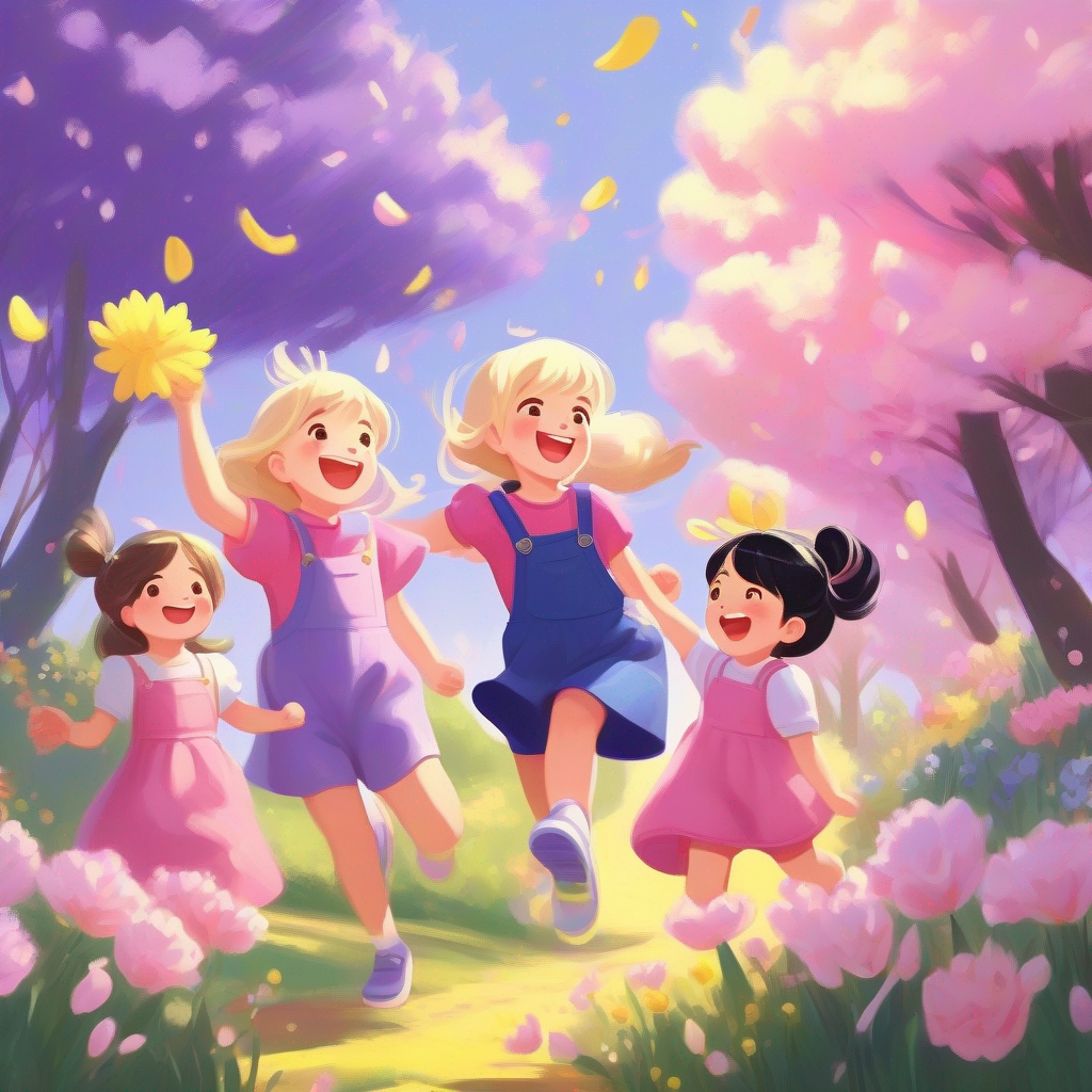 Blonde hair, pink dress, and a purple bow and Black hair, blue overalls, and yellow sandals throwing flowers up while their family smiles happily.