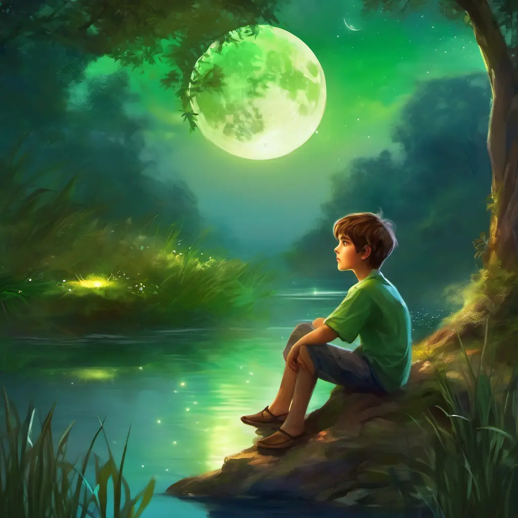 Young boy, brown hair, green eyes, full of determination sitting by the pond, talking to the moon.