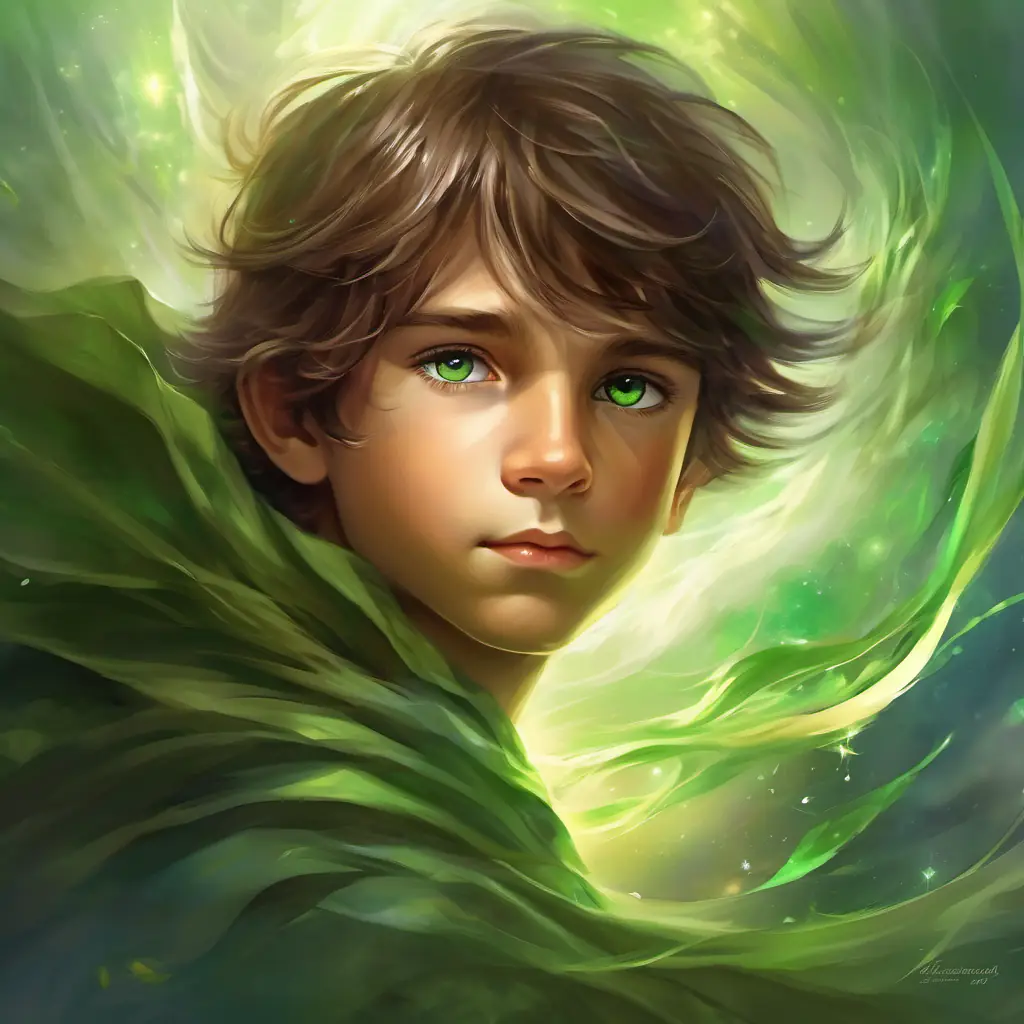 Young boy, brown hair, green eyes, full of determination succeeding in capturing the wind's whisper.