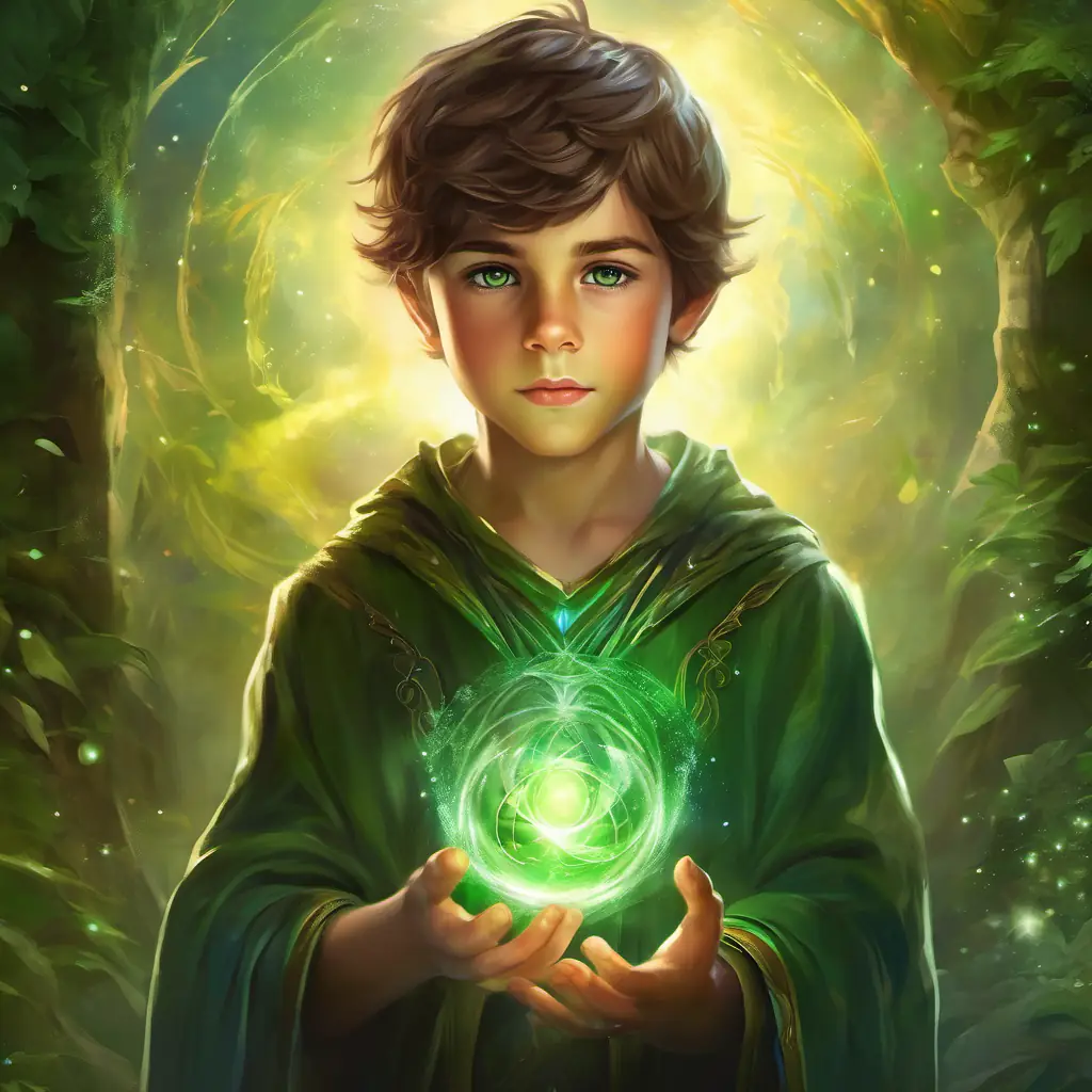 Young boy, brown hair, green eyes, full of determination casting the spell with all the ingredients.
