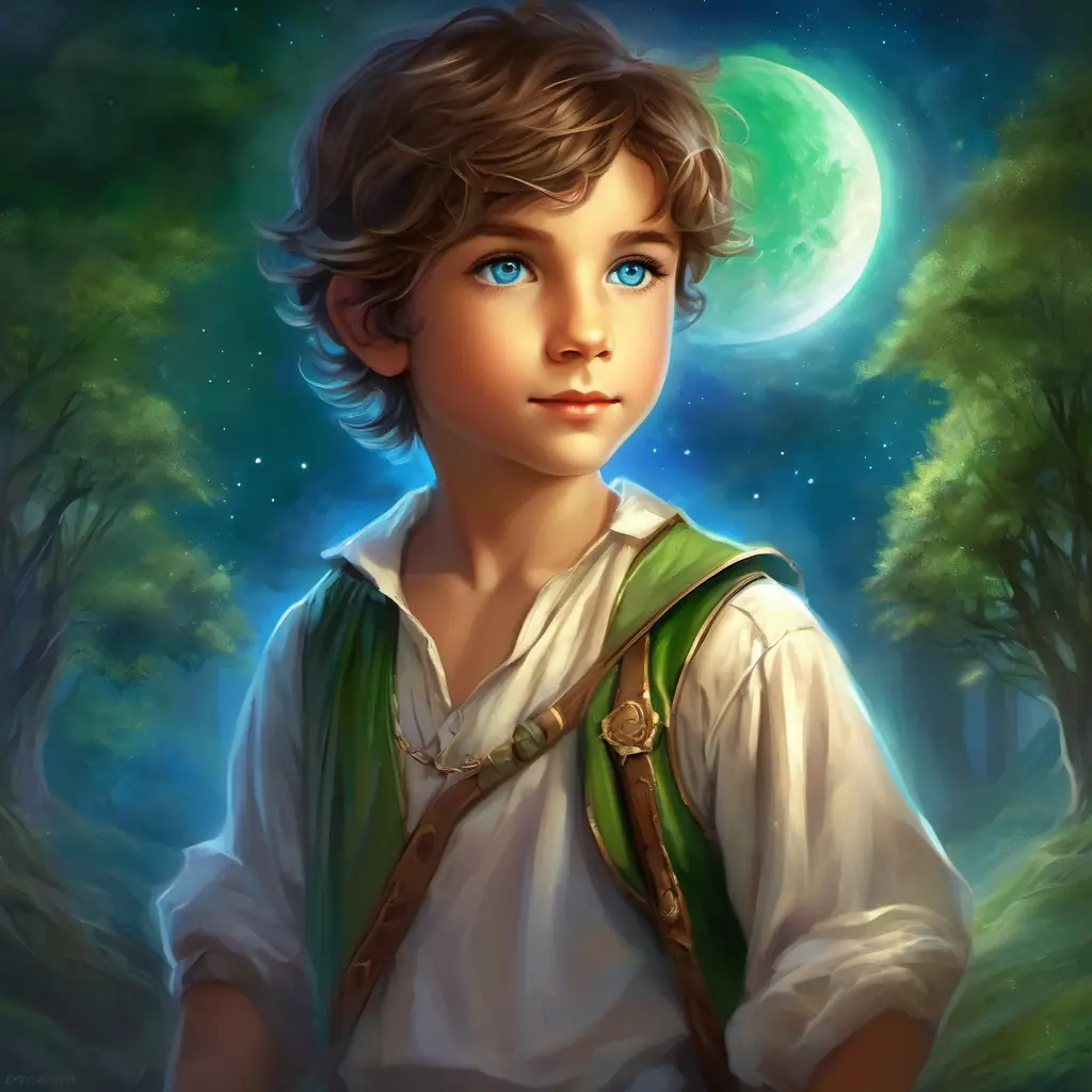 Young boy, brown hair, green eyes, full of determination conversing with Silver moon, bright blue eyes, a kind smile, the moon, about her plight.