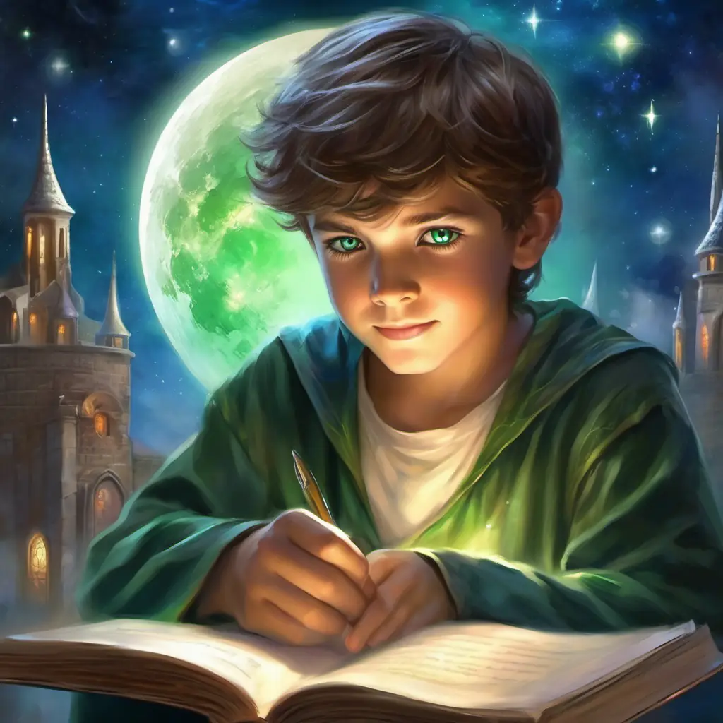 Young boy, brown hair, green eyes, full of determination reading to Silver moon, bright blue eyes, a kind smile, building their friendship.