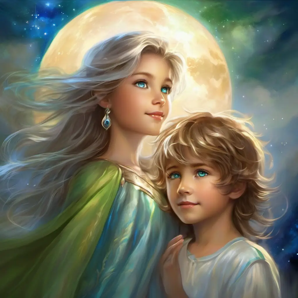Silver moon, bright blue eyes, a kind smile sharing her longing for the sky; Young boy, brown hair, green eyes, full of determination empathizing.
