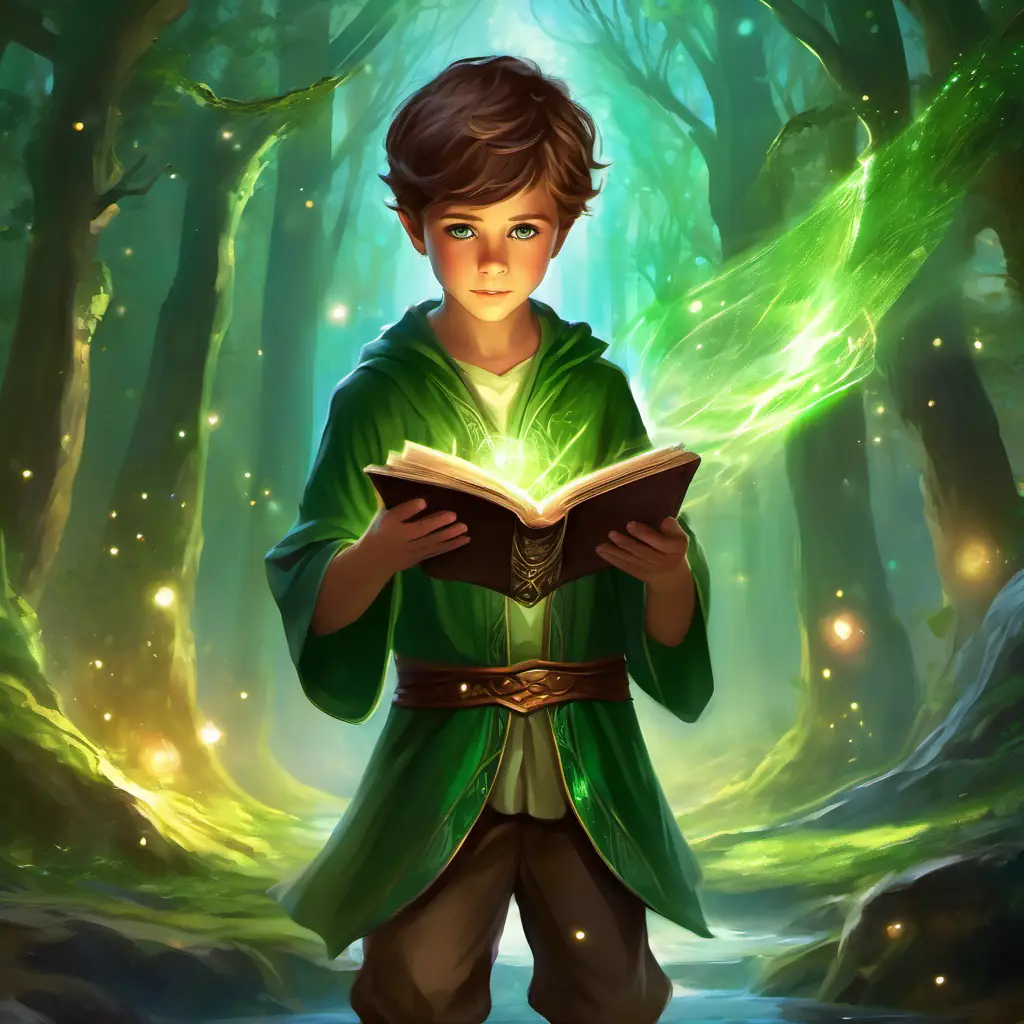 Young boy, brown hair, green eyes, full of determination discovering a spellbook, spell requires bravery.