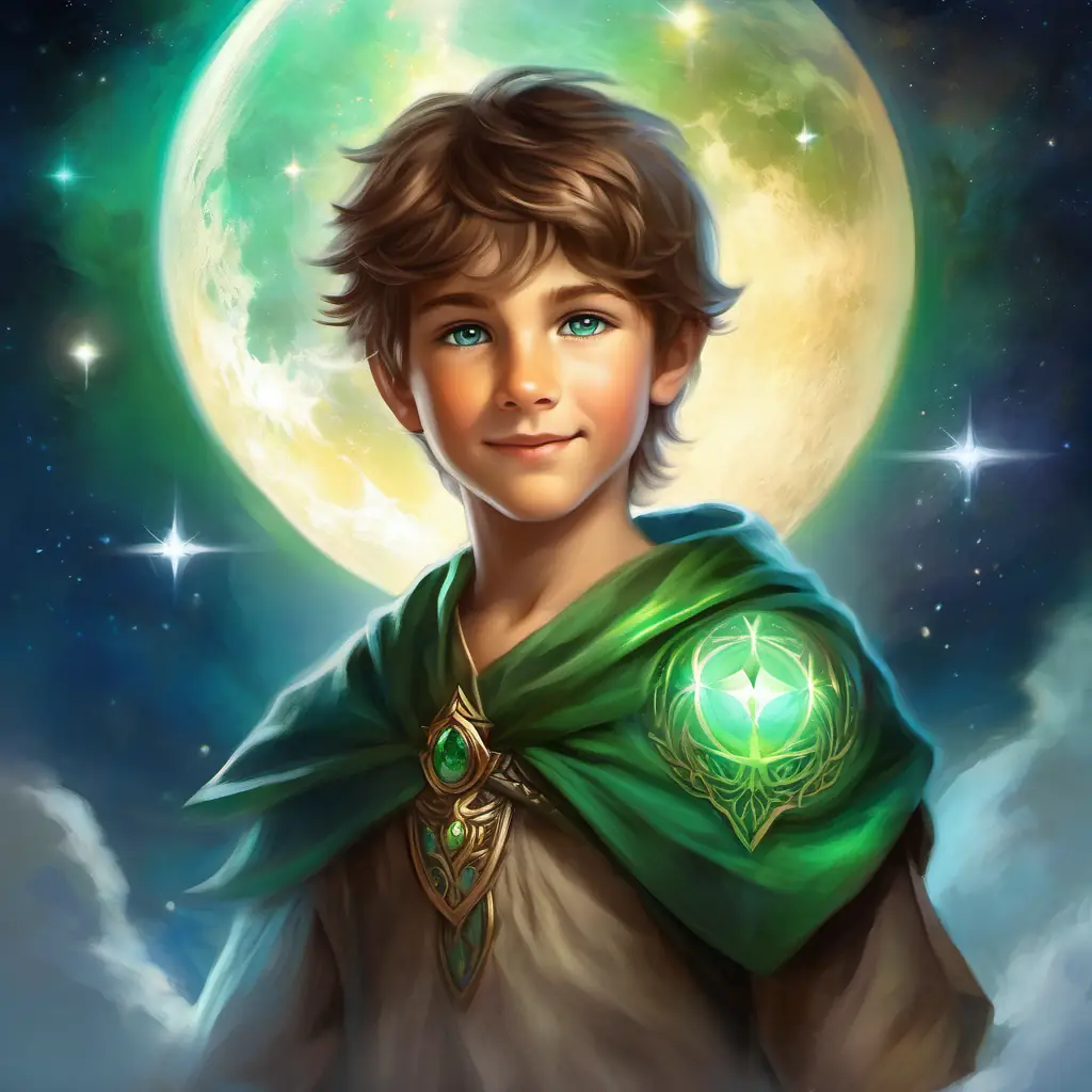 Young boy, brown hair, green eyes, full of determination resolved to free Silver moon, bright blue eyes, a kind smile, declaring his intention.