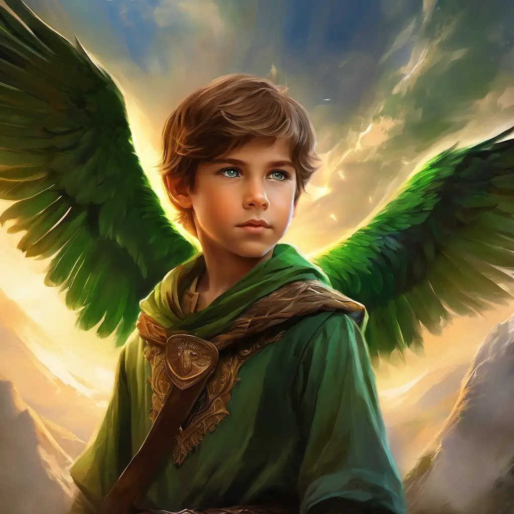 Young boy, brown hair, green eyes, full of determination on a quest, meeting the eagle.