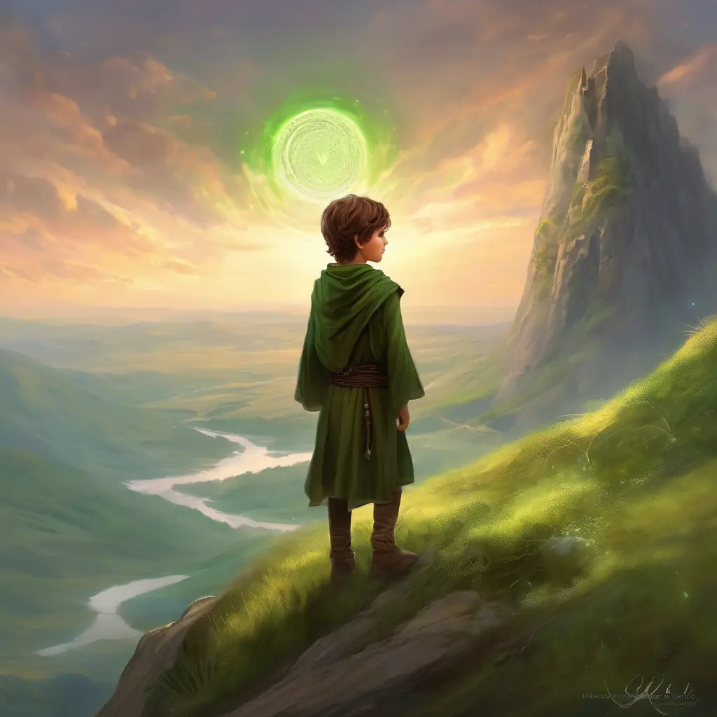 Young boy, brown hair, green eyes, full of determination asking for the wind's aid atop a hill.