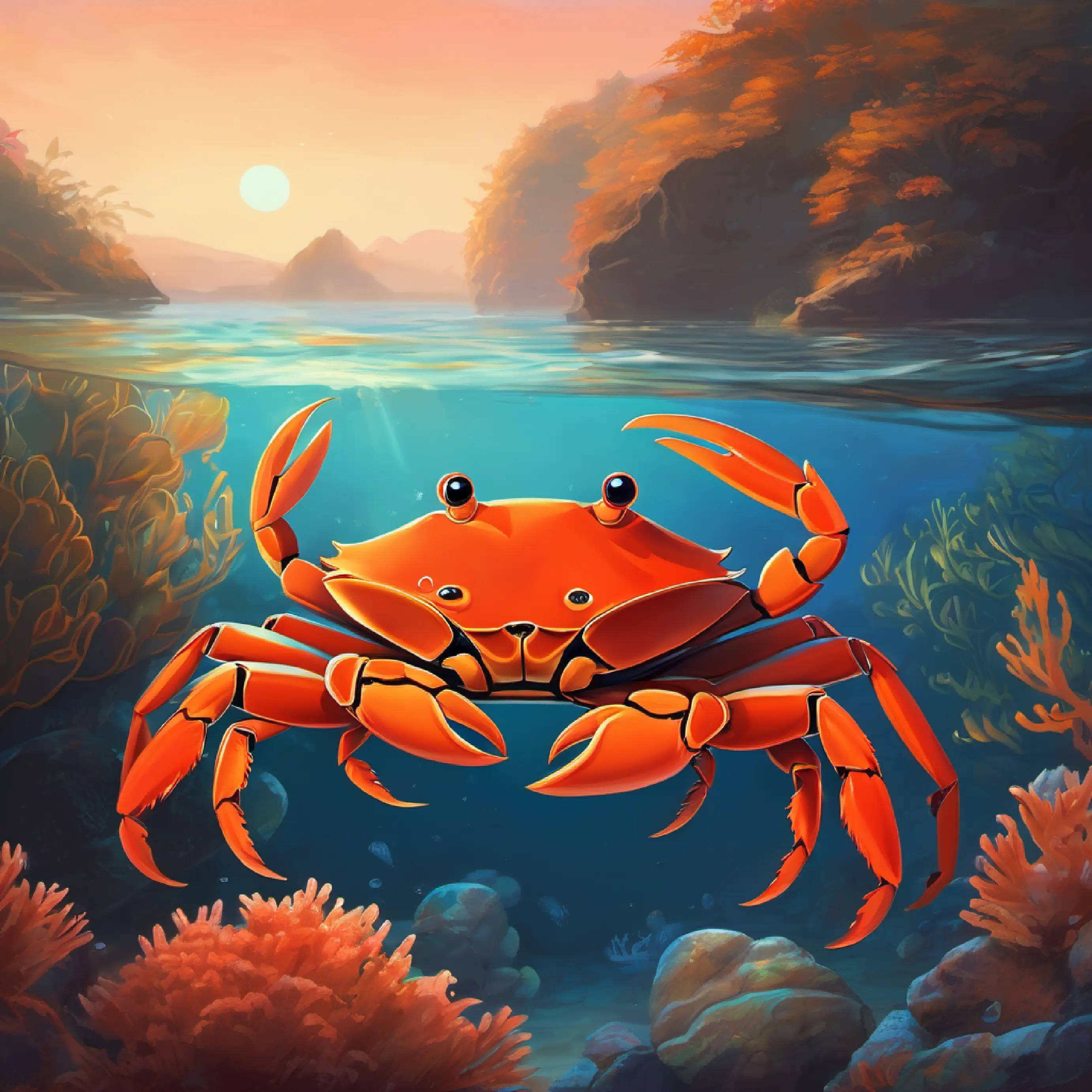 Alani and Reddish-orange crab with inquisitive black eyes set out to find the knowledgeable fish.