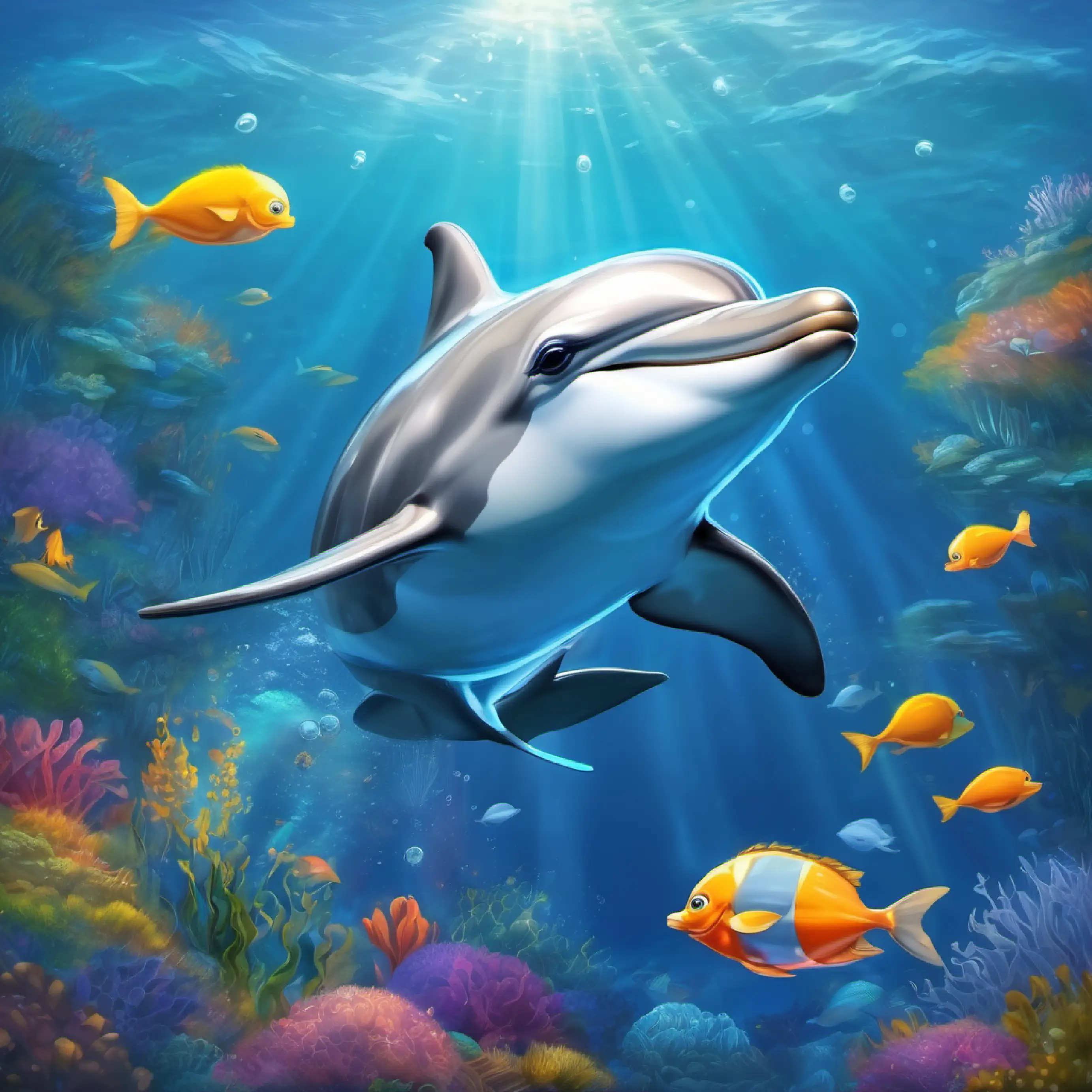 Brilliant dolphin with a sleek silver body and friendly eyes the dolphin helps solve the fish's riddle about age.