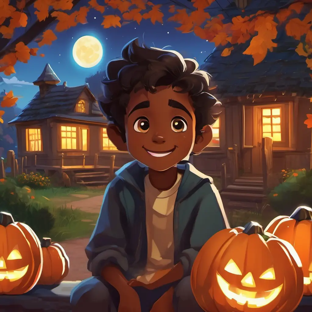 Page 1 - The story begins in a small village where A young boy with dark skin, sparkling eyes, and a bright smile, a poor boy, lives with his family. Visuals include a humble house, village setting, and A young boy with dark skin, sparkling eyes, and a bright smile working hard.