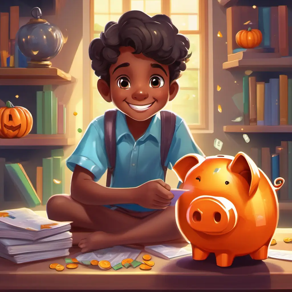 Page 3 - A young boy with dark skin, sparkling eyes, and a bright smile saves money in a piggy bank, gets enough money to join a school, and begins his studies with happiness. Visuals show the piggy bank, A young boy with dark skin, sparkling eyes, and a bright smile attending school, and studying diligently.