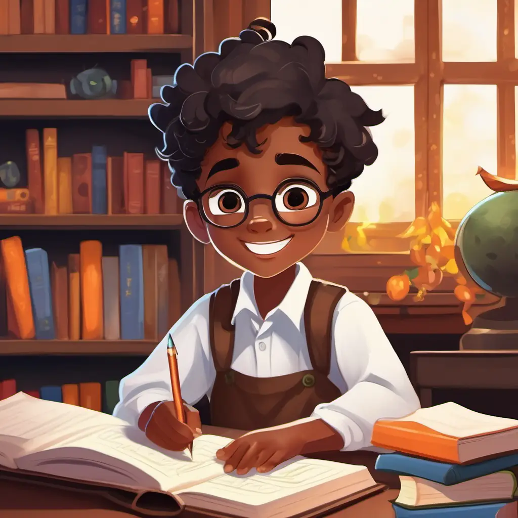Page 4 - A young boy with dark skin, sparkling eyes, and a bright smile faces challenges in his studies but remains determined. Visuals show A young boy with dark skin, sparkling eyes, and a bright smile studying, revising his lessons, and seeking help from teachers.