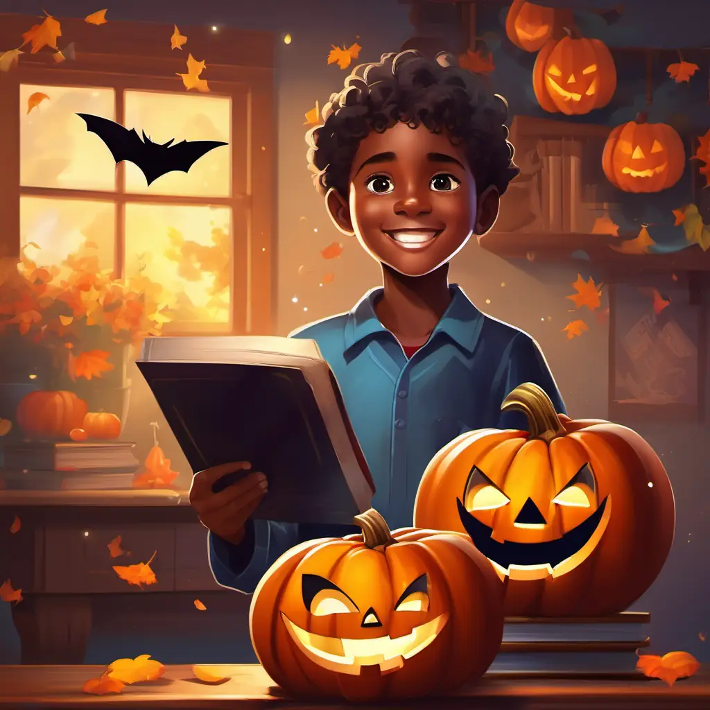Page 5 - A young boy with dark skin, sparkling eyes, and a bright smile achieves success, scores excellent marks, and receives a scholarship. Visuals depict A young boy with dark skin, sparkling eyes, and a bright smile celebrating his achievement, receiving a scholarship letter, and the village celebrating his success.