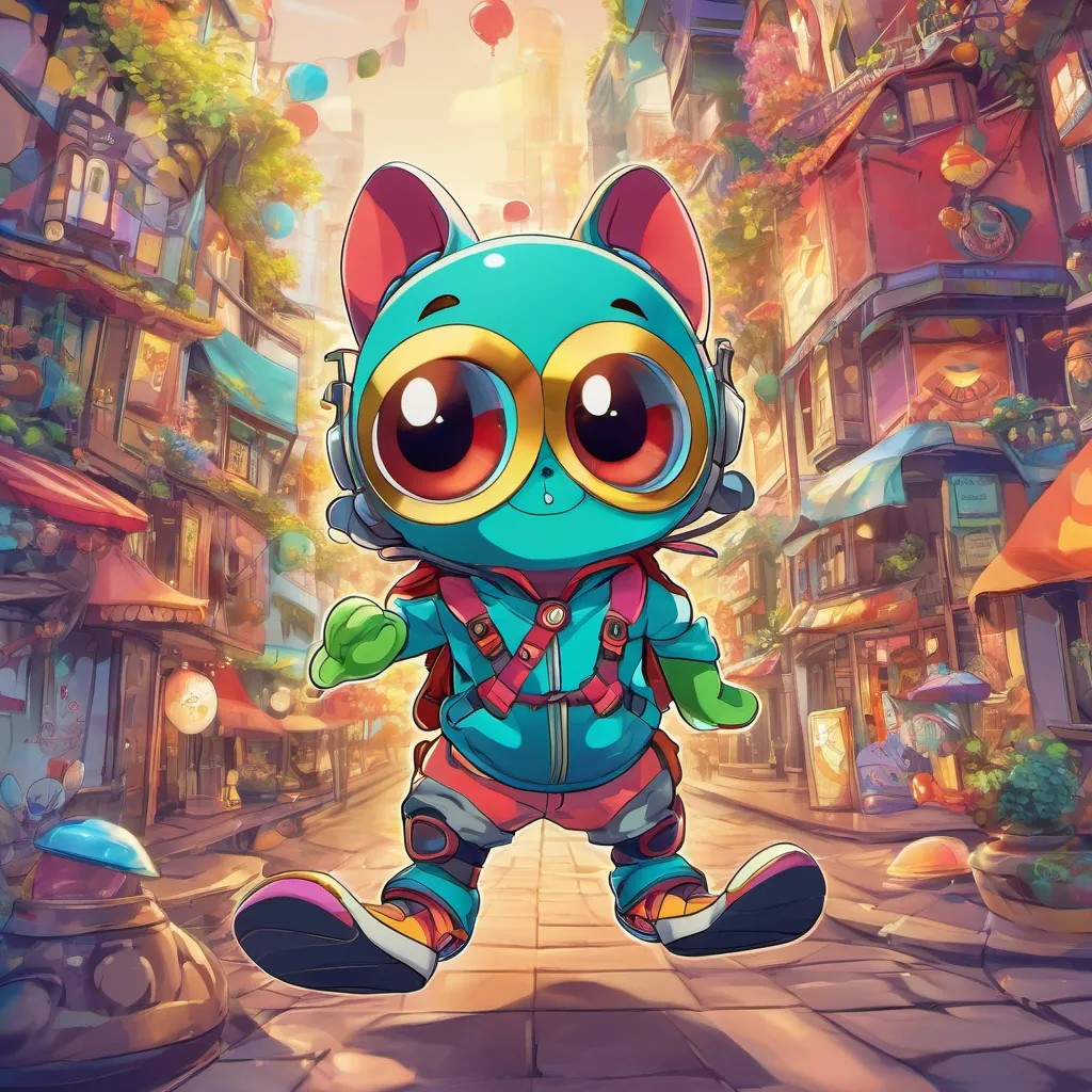 A small, quirky creature with big eyes and a mischievous grin, always ready for a playful adventure pulling playful pranks and laughing with friends.