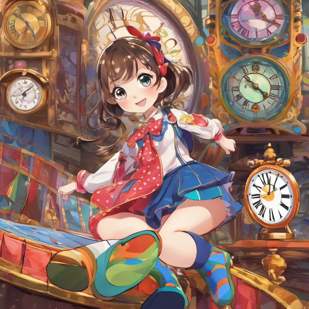 A small, quirky creature with big eyes and a mischievous grin, always ready for a playful adventure hopscotching in colorful polka-dot socks while an antique clock bursts into laughter.