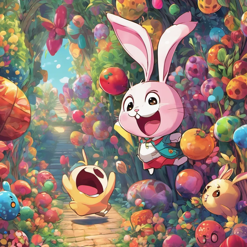 A small, quirky creature with big eyes and a mischievous grin, always ready for a playful adventure, the bunny, and the jellybean dancing and laughing together.