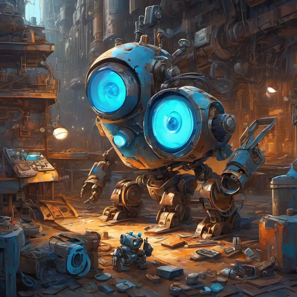 In a small workshop at the edge of a futuristic city, surrounded by scrap metal and discarded gadgets, sits A rusty robot with kind, glowing blue eyes and worn-out metal parts, a rusty robot with a kind heart.