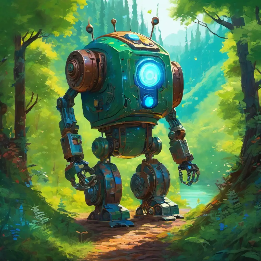 In his dreams, A rusty robot with kind, glowing blue eyes and worn-out metal parts envisions a distant planet with vibrant green forests and shimmering lakes, where he can explore and meet interesting creatures.