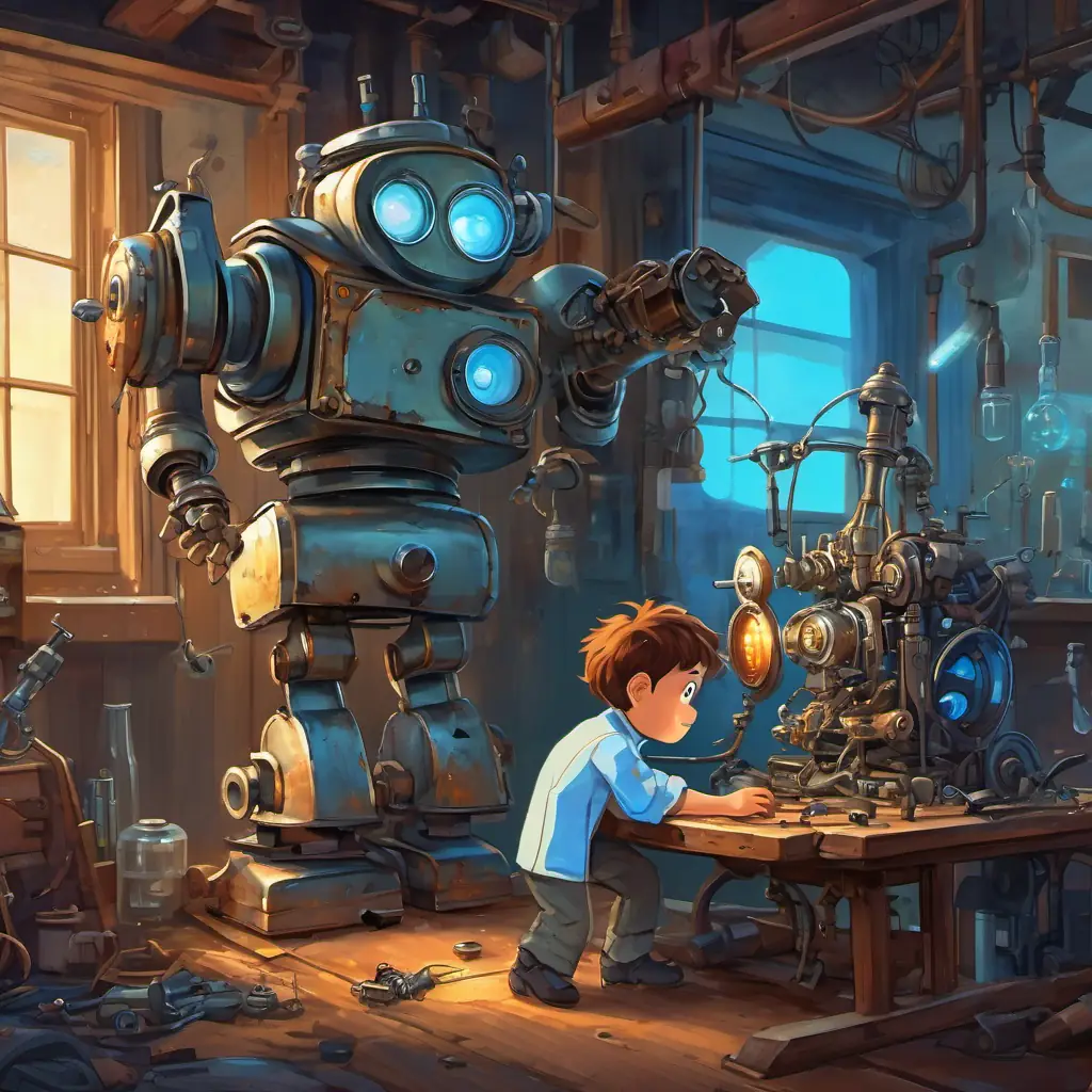 Dr. Wright, a curious scientist, discovers A rusty robot with kind, glowing blue eyes and worn-out metal parts's lifeless body and decides to give him a new lease on life by repairing and upgrading him with the latest technology.
