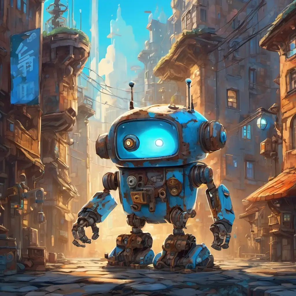 A rusty robot with kind, glowing blue eyes and worn-out metal parts, now brimming with excitement, sets off on an adventure to explore bustling cities, serene countryside, and ultimately reaching the faraway planet of his dreams.