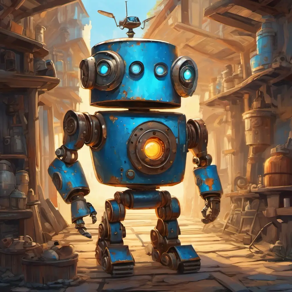 Back in his workshop, A rusty robot with kind, glowing blue eyes and worn-out metal parts reflects on his unforgettable journey, understanding that everyone has the potential for extraordinary adventures and the ability to make a difference.