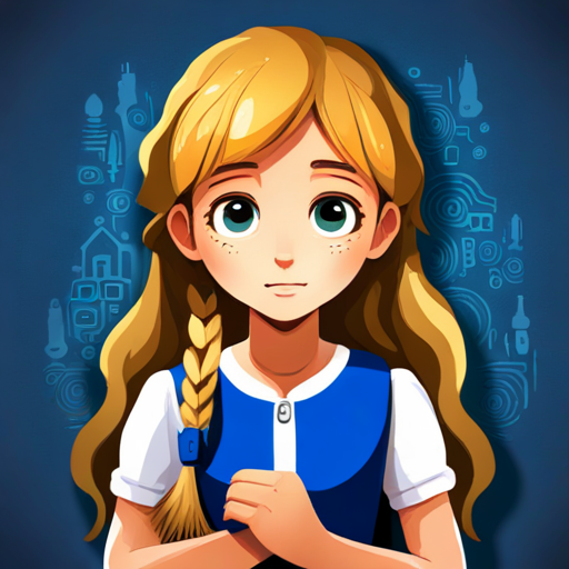 Niña inteligente con cabello rubio y ojos azules viviendo en un pequeño pueblo