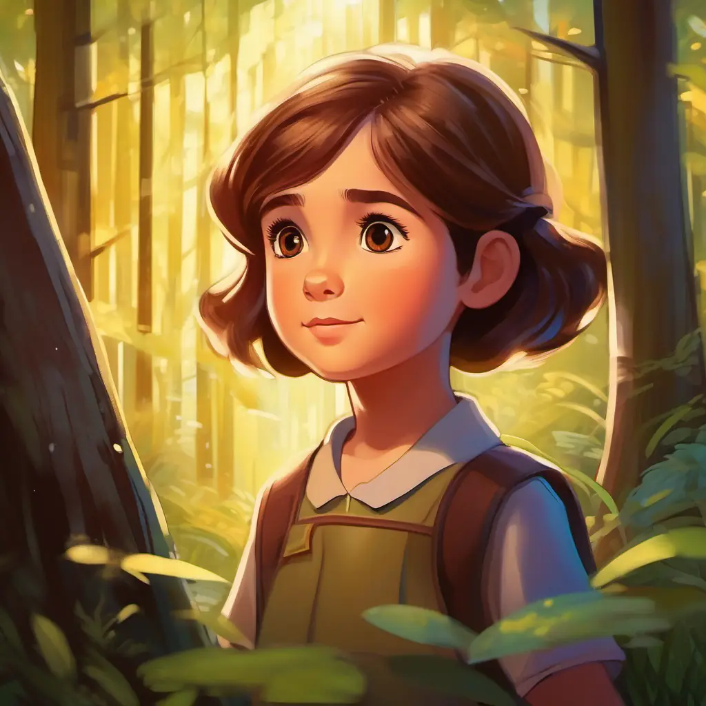 8-year-old girl, curious brown eyes, brown hair, brave outside, shimmering light in forest.